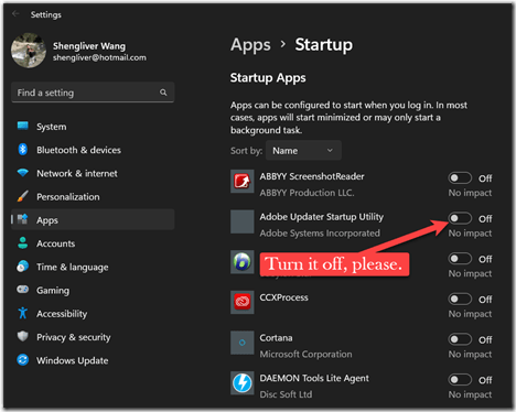 windows settings startup apps