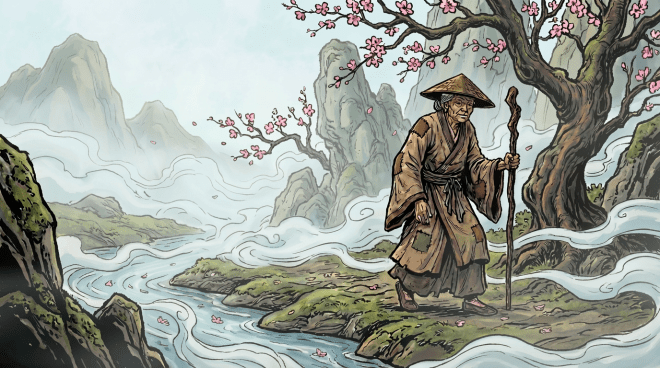 Elderly man with a wooden staff walking through misty mountains past cherry blossoms.