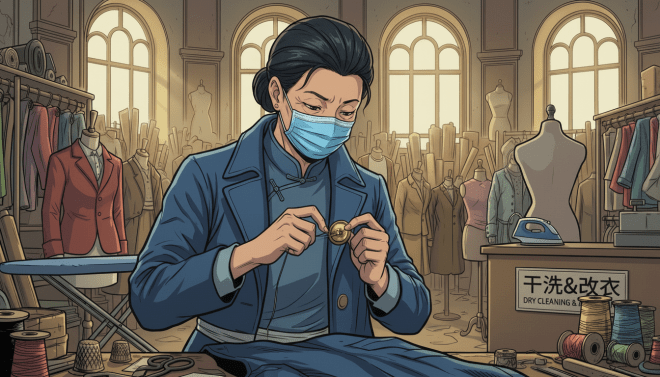 Woman with masked face sewing in a tailor shop; text reads SNIP! SNIP!