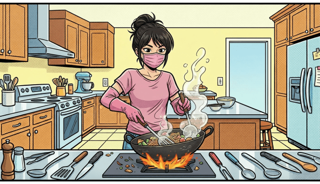 Comic: Surgeon cutting pepper. Text: Kitchen or? Prep for incision! Is that dinner or surgery?