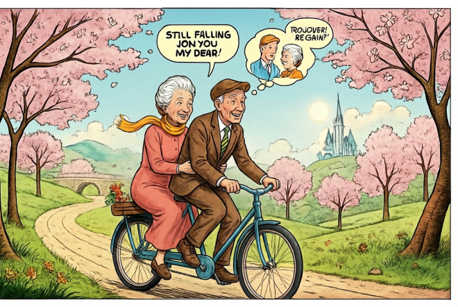 Man seated in front, lady behind on bike