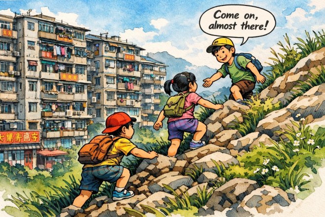 Three children hiking uphill on rocks near apartment buildings, one child reaching out with speech bubble saying 'Come on, almost there!'