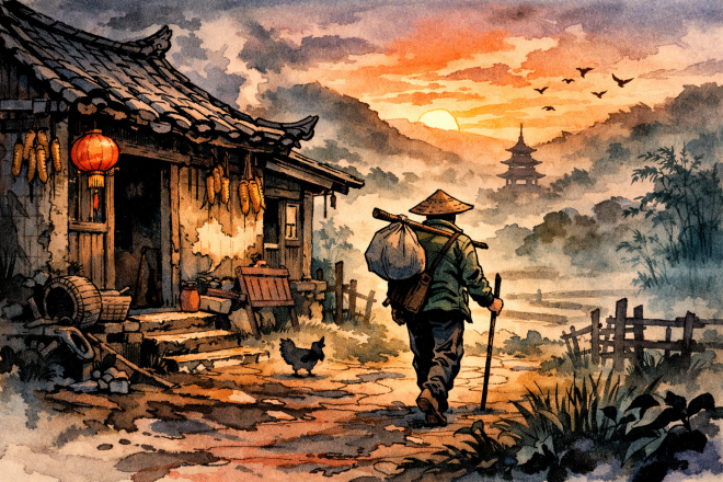 Traveler with walking stick and bundle walking past rustic house with lantern and crops at sunset