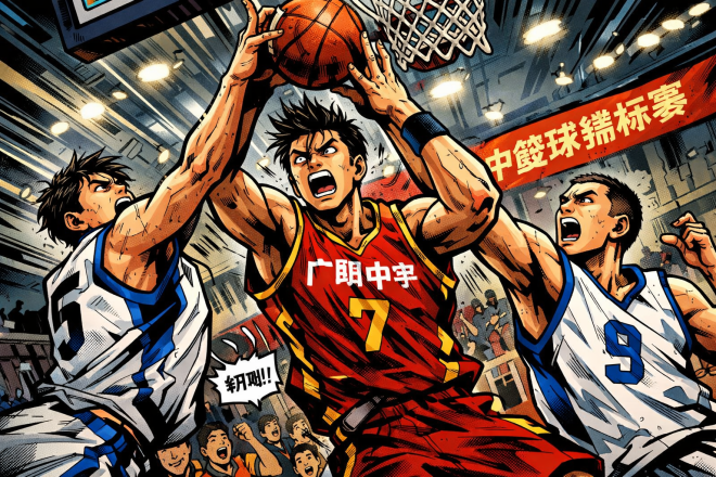 Three male basketball players in action fighting for the ball near the hoop during a game