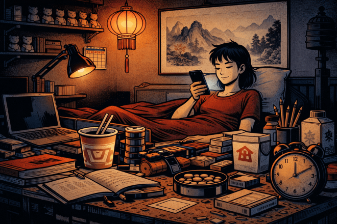 Young man lying in bed with phone, cluttered desk with books, food, and writing tools around him