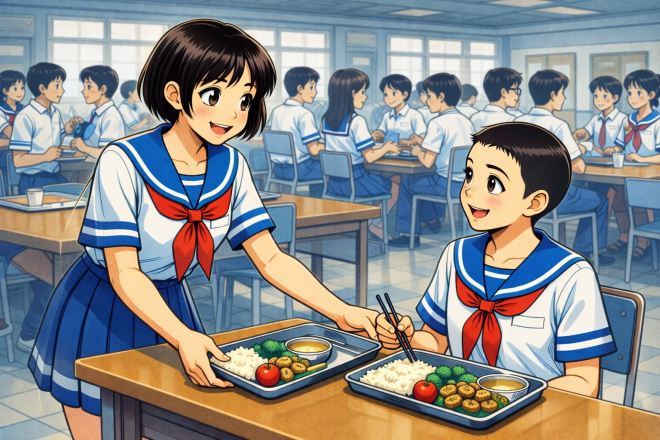 Seated girl very short hair; mixed-gender diners