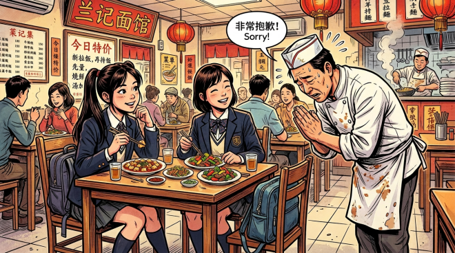 Two schoolgirls eating noodles at a restaurant while a chef apologizes