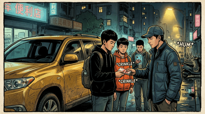 Replace girl with boy, yellow-SUV, young man, no cigarettes, iPhone