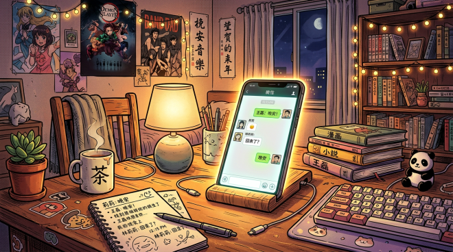 Study desk with phone showing Chinese chat messages, warm lamp light, books, and keyboard.
