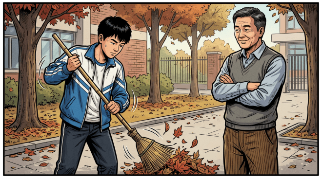 Young man in blue jacket sweeping autumn leaves on sidewalk under trees with older man standing nearby