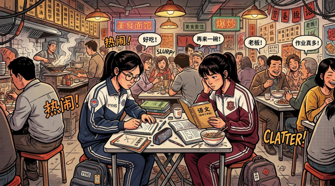 Two students studying with books and noodles inside a crowded Chinese noodle shop