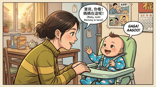 Mother leaning toward baby in high chair engaging in cheerful interaction