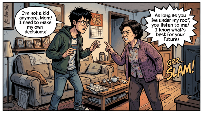 Teenage boy and mother arguing in living room about independence and control