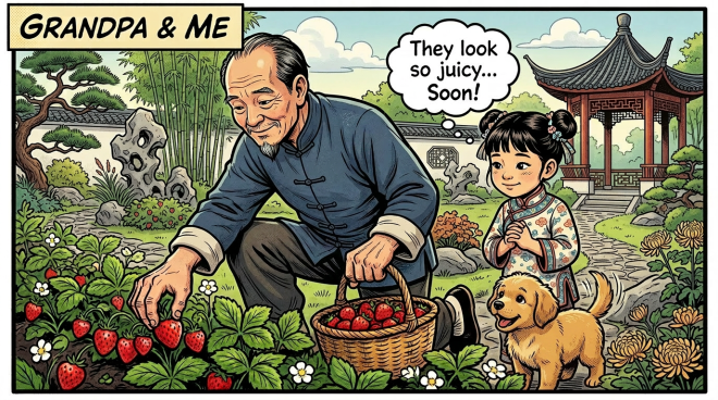 Grandpa picking strawberries with granddaughter watching eagerly in garden