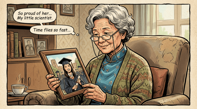 Elderly woman holding framed photo of granddaughter in graduation gown