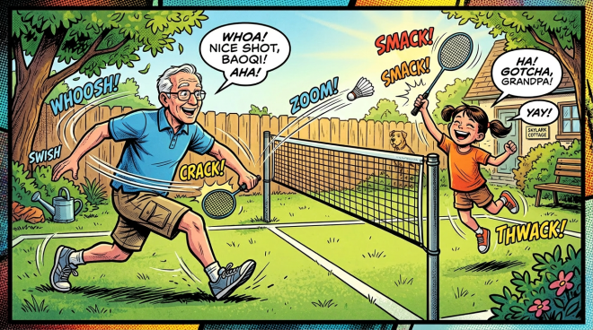 Grandfather and granddaughter playing badminton in backyard with shuttlecock midair