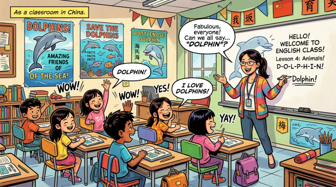 Children in a Chinese classroom learning English word dolphin with teacher