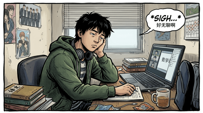 Student sitting at a desk looking bored during an online math class on laptop