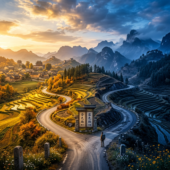 Traveler at a fork in mountain road with golden village on left and blue terraced fields on right