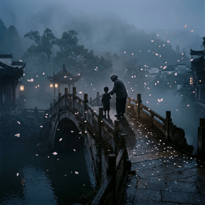 Two radiant human silhouettes holding hands on a stone bridge surrounded by mist and falling flower petals