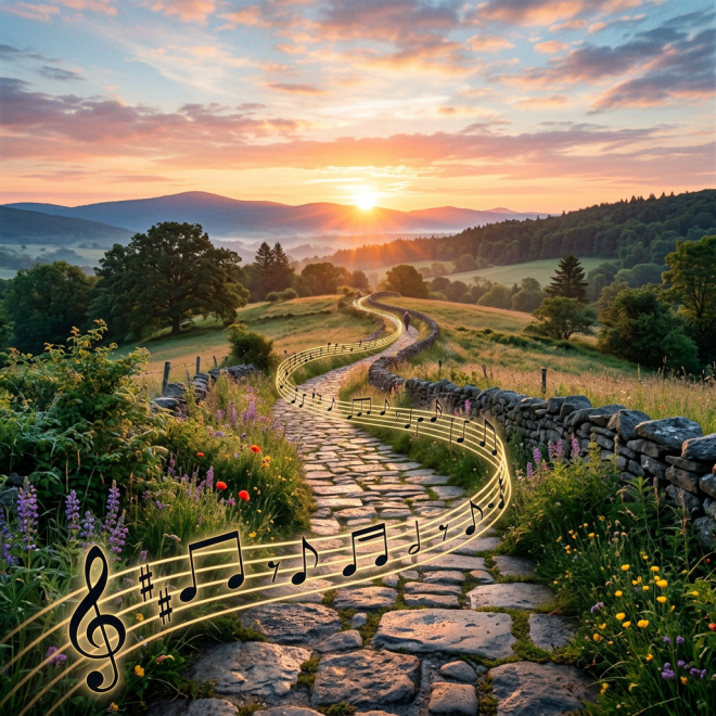 A stone pathway winding through a countryside landscape with sunrise and floating musical notes