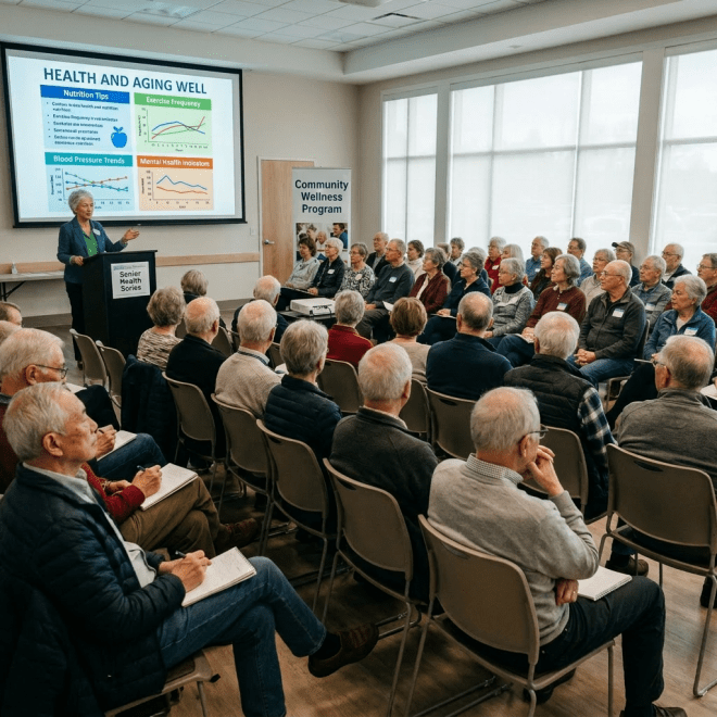Elderly audience listening to a presentation on health and aging trends