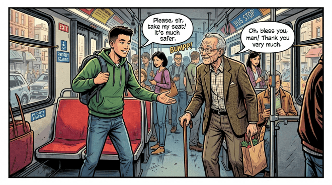 Young man offering his bus seat to elderly man using cane on crowded bus