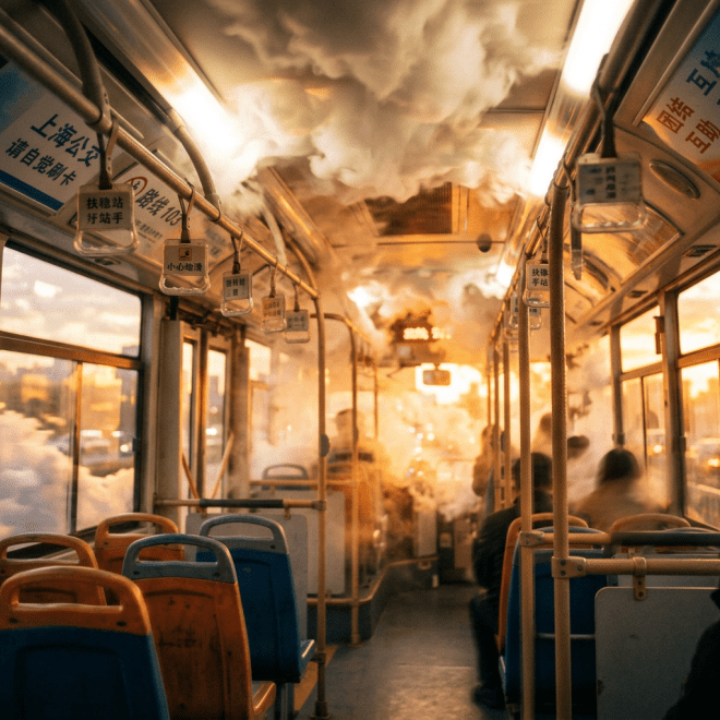 Bus interior with seats and hanging hand straps surrounded by clouds and warm sunlight