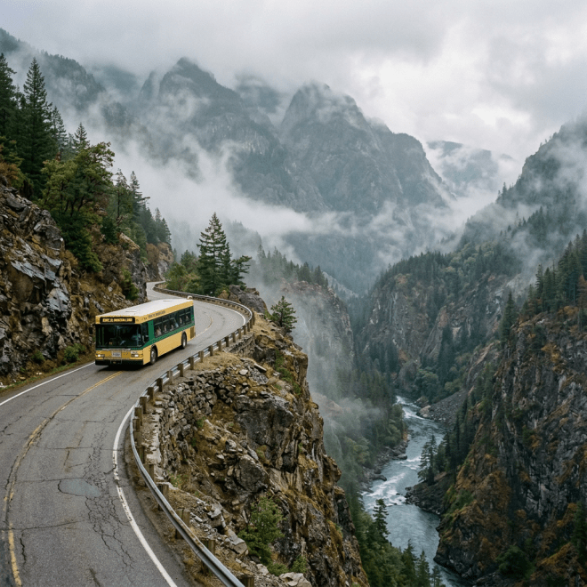Bus driving on a winding mountain road above a river in misty forested mountains