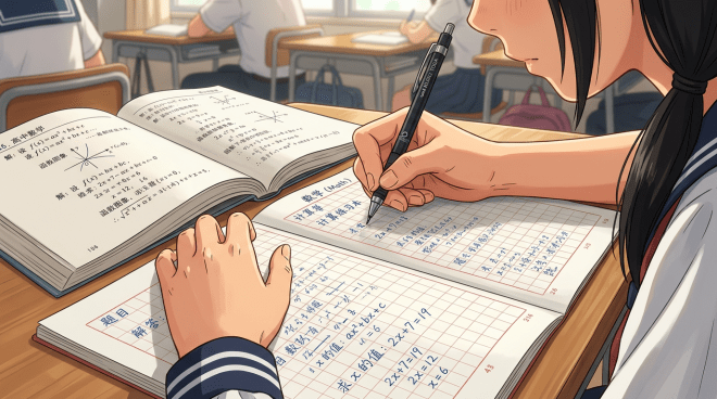 Student writing math problems in a notebook using a pen with a math textbook open