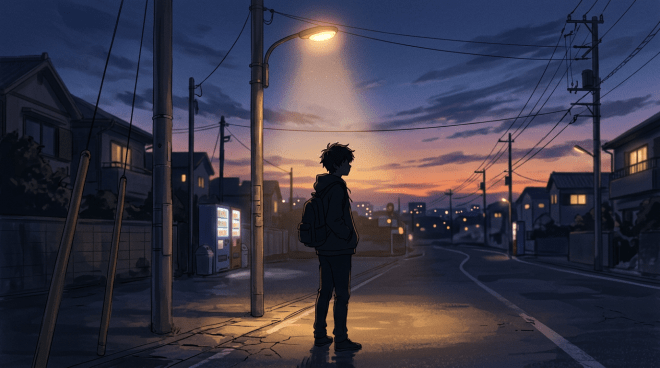Person standing under a streetlight on a quiet street with sunset sky