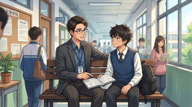 Teacher speaking with student in school hallway with other students walking and studying