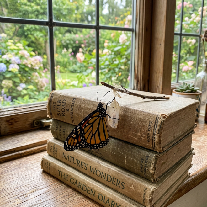 Monarch butterfly beside empty chrysalis on old nature books by window