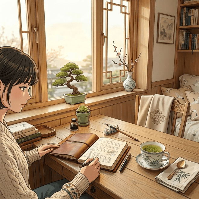 Person writing in a journal at a wooden table near window with sunset
