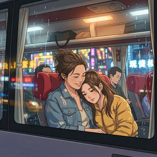 Mother hugging her child on a bus at night