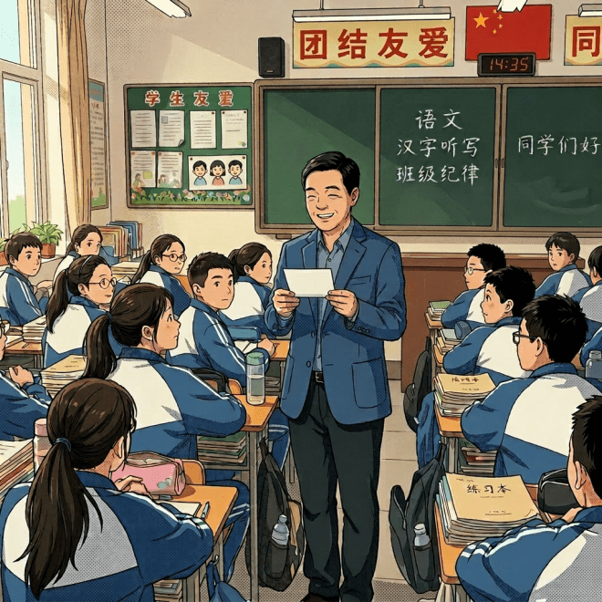 Teacher standing and speaking to attentive students in a Chinese classroom