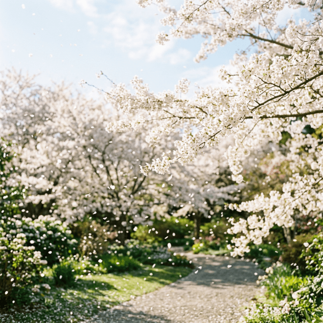 White blossoms drifting in pale spring sunlight