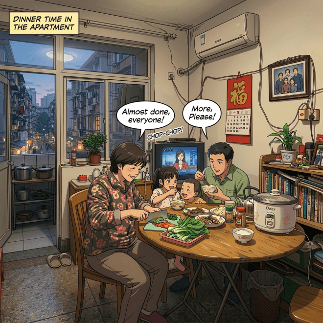 Couple eating dinner and preparing vegetables in small apartment with TV and calendar on wall