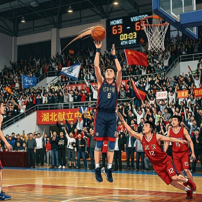 Basketball player in blue jumping to shoot as defenders in red try to block