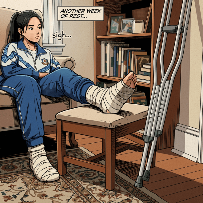 Person with bandaged foot resting on stool next to crutches indoors
