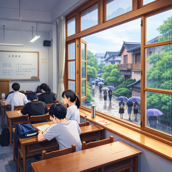Students studying in classroom with view of rainy campus and umbrellas outside