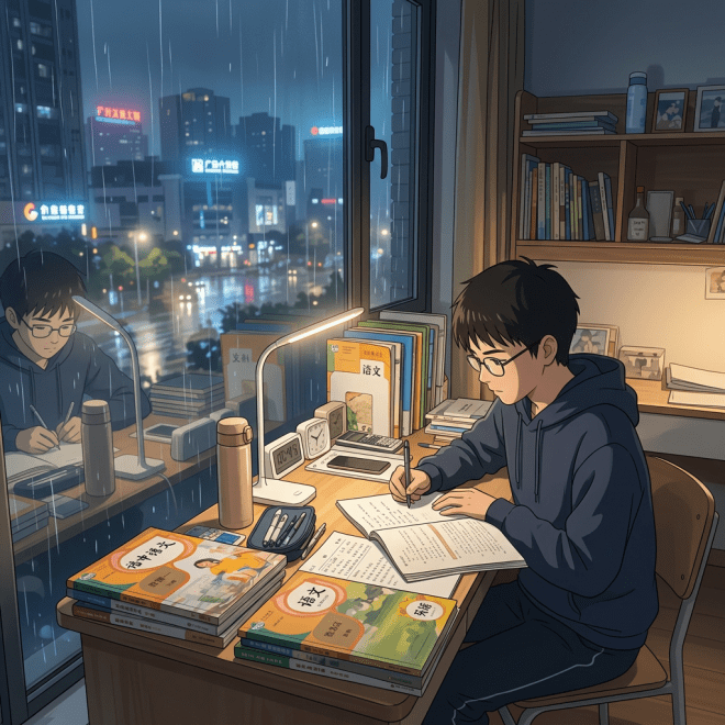 Student writing in a book at a desk by a rainy window at night