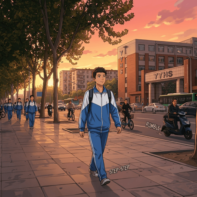 Students walking on sidewalk in blue and white school uniforms near a city street at sunset