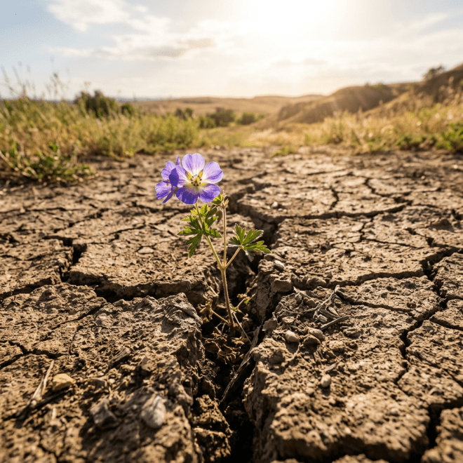 Purple flower growing from a crack in dry, cracked soil