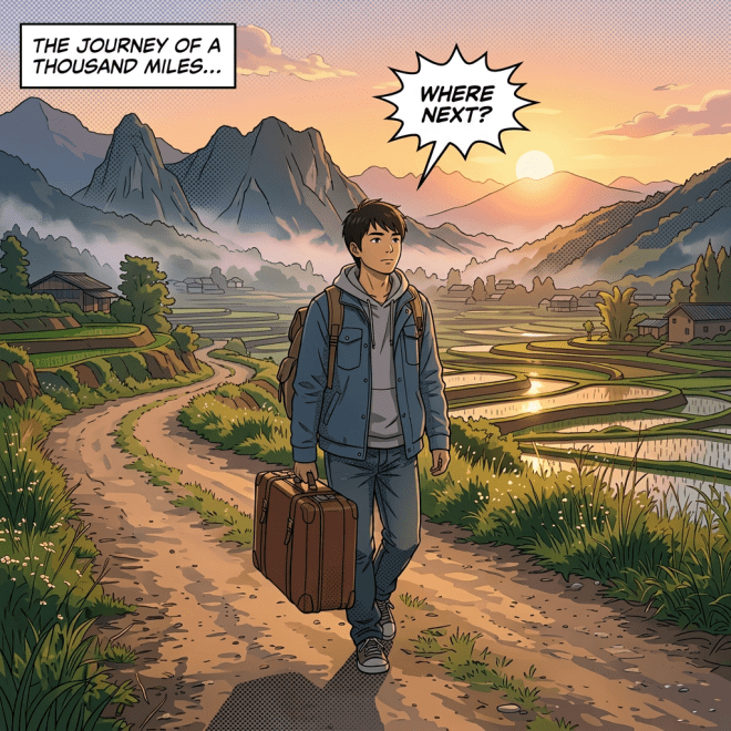 Young man with backpack and suitcase walking on dirt road at sunset in rural area