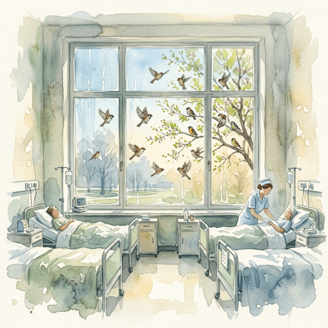 Hospital room with two beds, a nurse caring for a patient, and birds flying outside the window