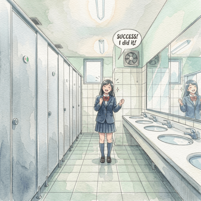 Public restroom with row of closed stalls and multiple sinks with mirrors