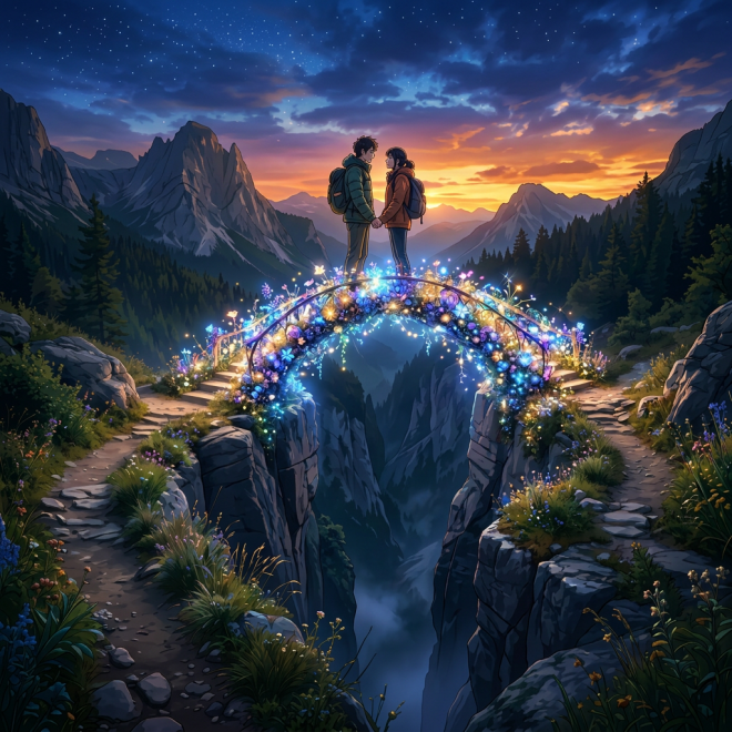 Two people walking towards a glowing floral bridge arching over a canyon at dusk in a mountainous landscape