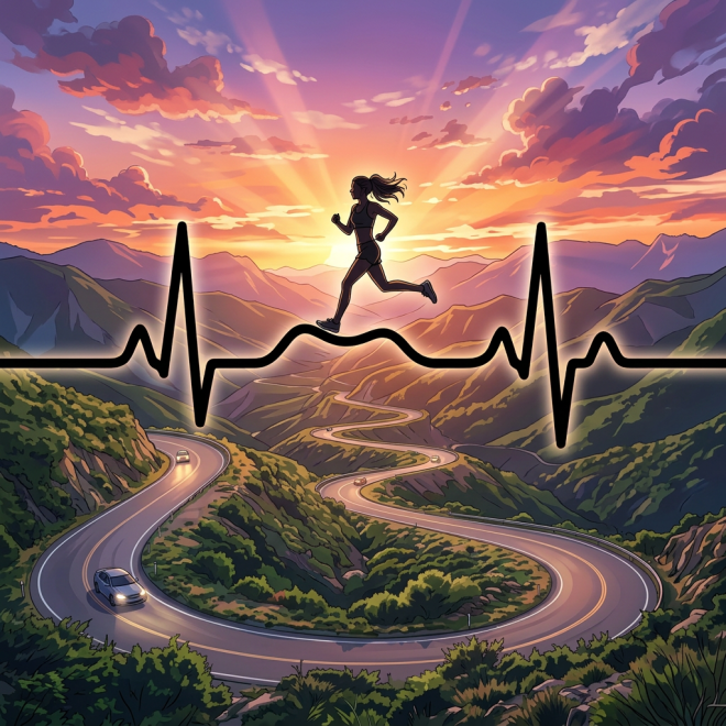 Silhouette of a woman running overlaid on a heartbeat line with a winding mountain road at sunset