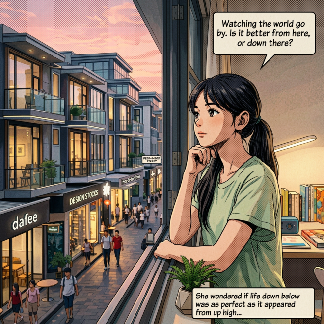 Young woman looking out window at busy evening street